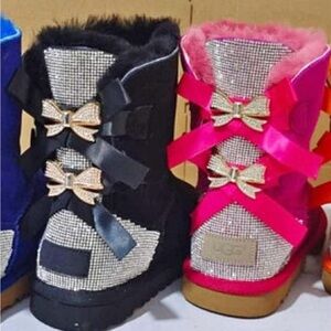 Handmade UGGs Black, Hot Pink & Tan Brown Boots with Bows & Glitter